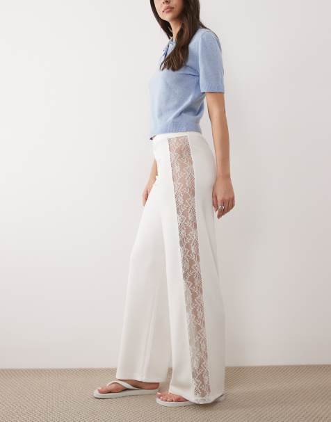 ASOS DESIGN wide leg trouser with lace panel in cream - view 1