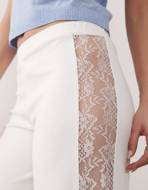 ASOS DESIGN wide leg trouser with lace panel in cream, 4 of 5