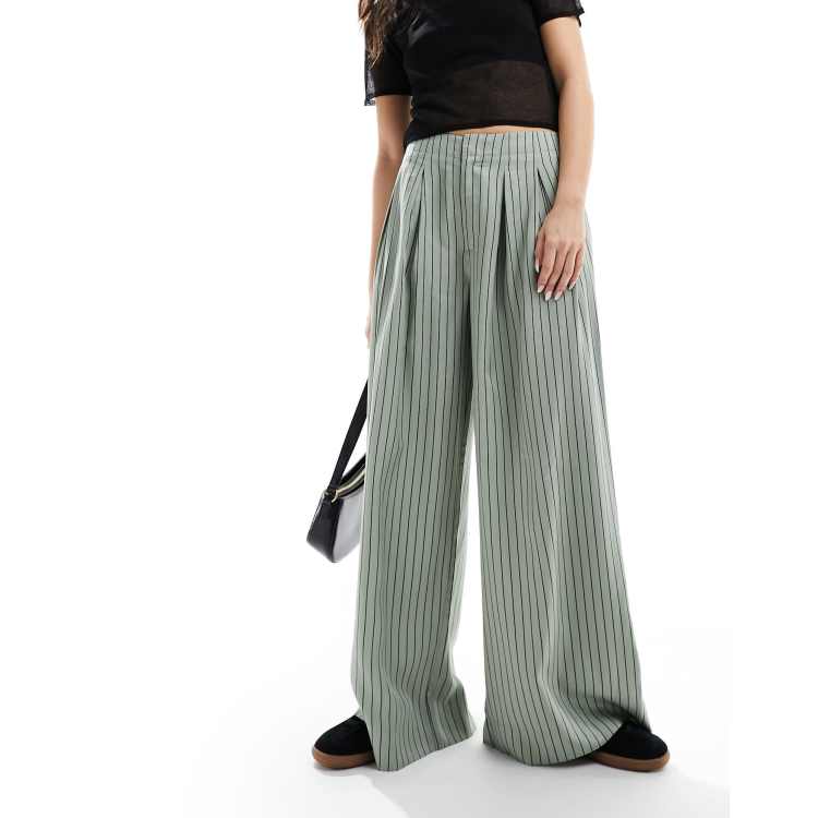 ASOS DESIGN wide leg trouser with pleat detail in sage stripe ASOS