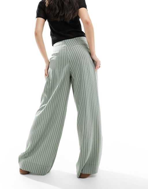 ASOS DESIGN wide leg trouser with pleat detail in sage stripe ASOS