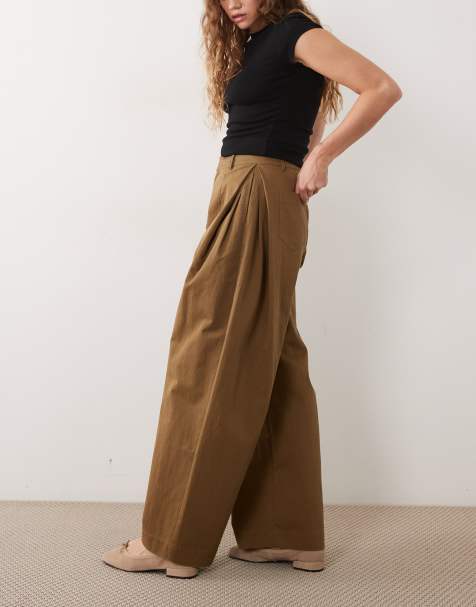 ASOS DESIGN wide leg trouser with pleated side in tan - view 1