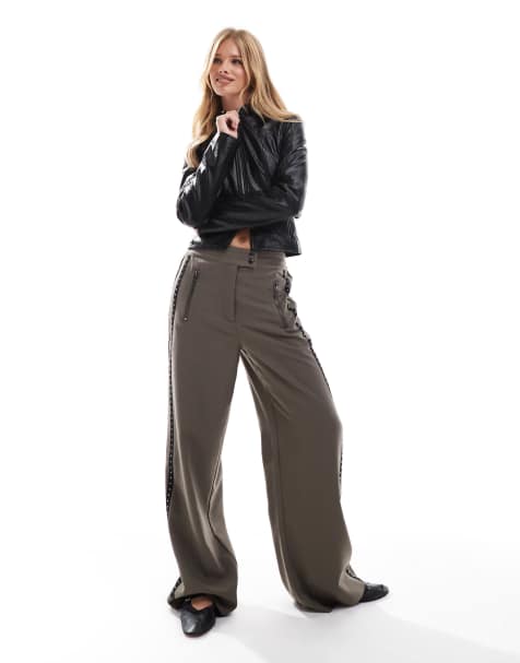 ASOS DESIGN wide leg trouser with stud detail in khaki - view 1