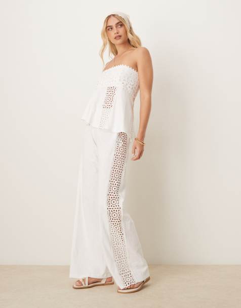 ASOS DESIGN wide leg trousers co-ord with crochet insert in cream - view 1
