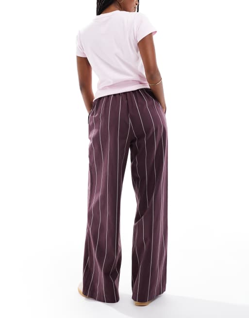 ASOS DESIGN wide leg trousers in burgundy stripe, 2 of 5