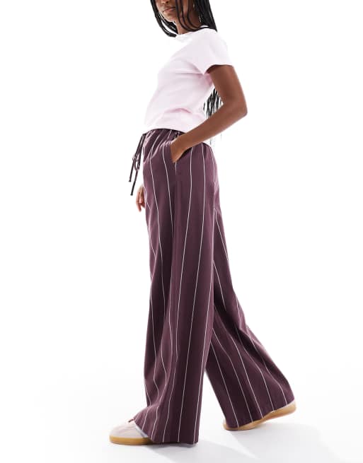 ASOS DESIGN wide leg trousers in burgundy stripe, 4 of 5