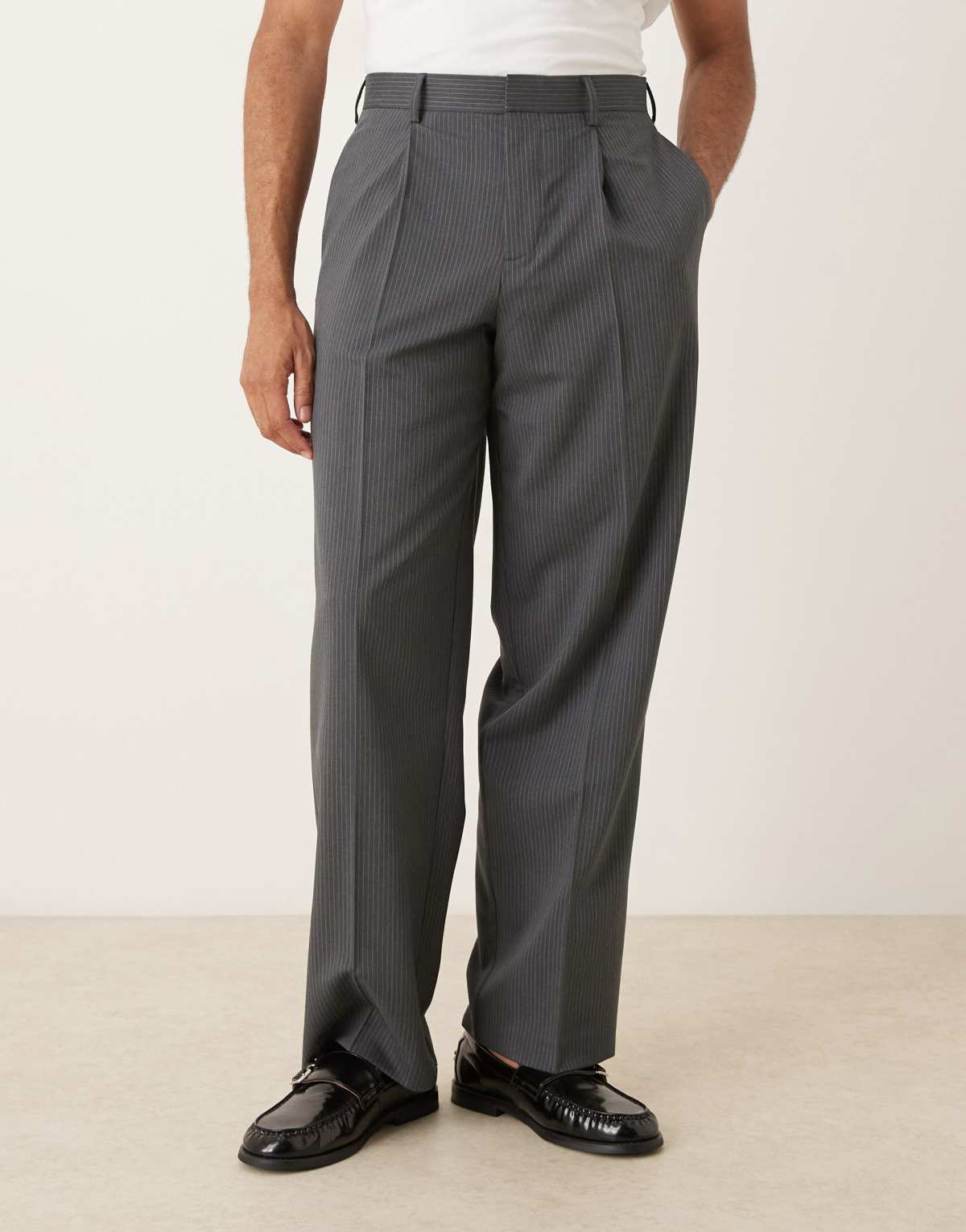 ASOS DESIGN wide leg trousers in charcoal pinstripe