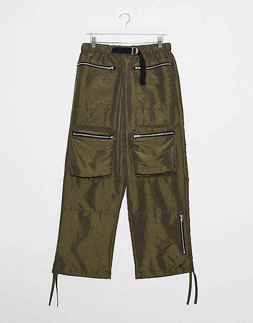 ASOS DESIGN wide leg trousers in khaki nylon with webbed belt