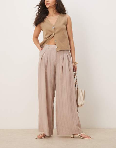 ASOS DESIGN wide leg trousers in stone tonal stripe - view 1