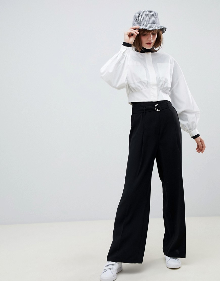 ASOS DESIGN wide leg trousers with d-ring belt detail-Black