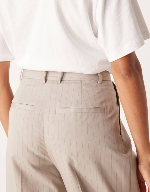 ASOS DESIGN wide leg pants with pleat detail in taupe stripe - part of a set