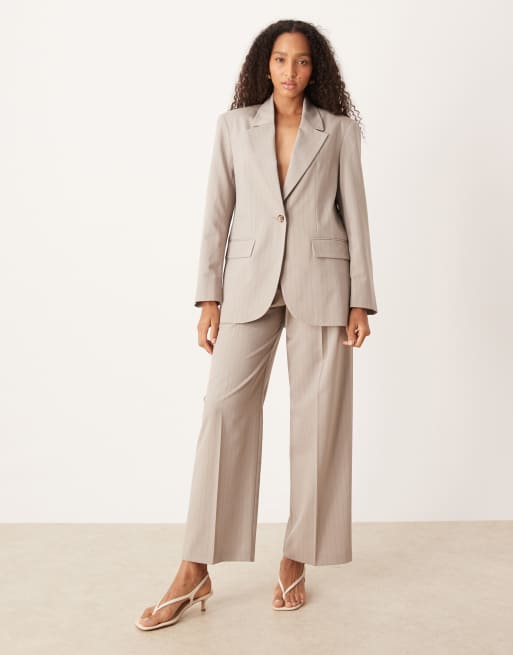 ASOS DESIGN wide leg trousers with pleat detail & double breasted suit blazer co-ord in taupe stripe