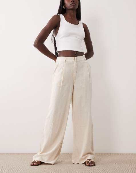 ASOS DESIGN wide leg trousers with pleat detail in linen blend in natural - view 1