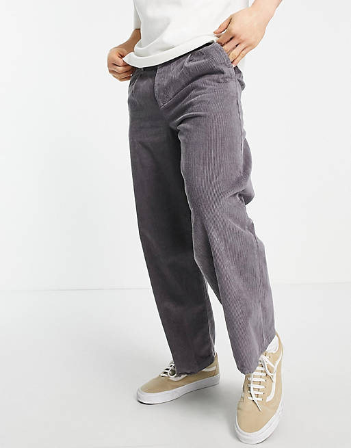 ASOS DESIGN wide leg trousers with pleats in cord in charcoal