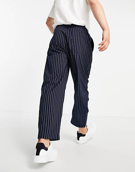  wide leg trousers with pleats in navy pin stripe 
