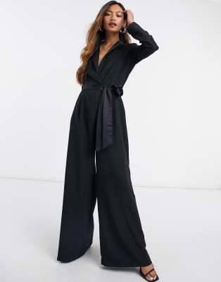 Asos Design tux knot front long sleeve kick flare jumpsuit in