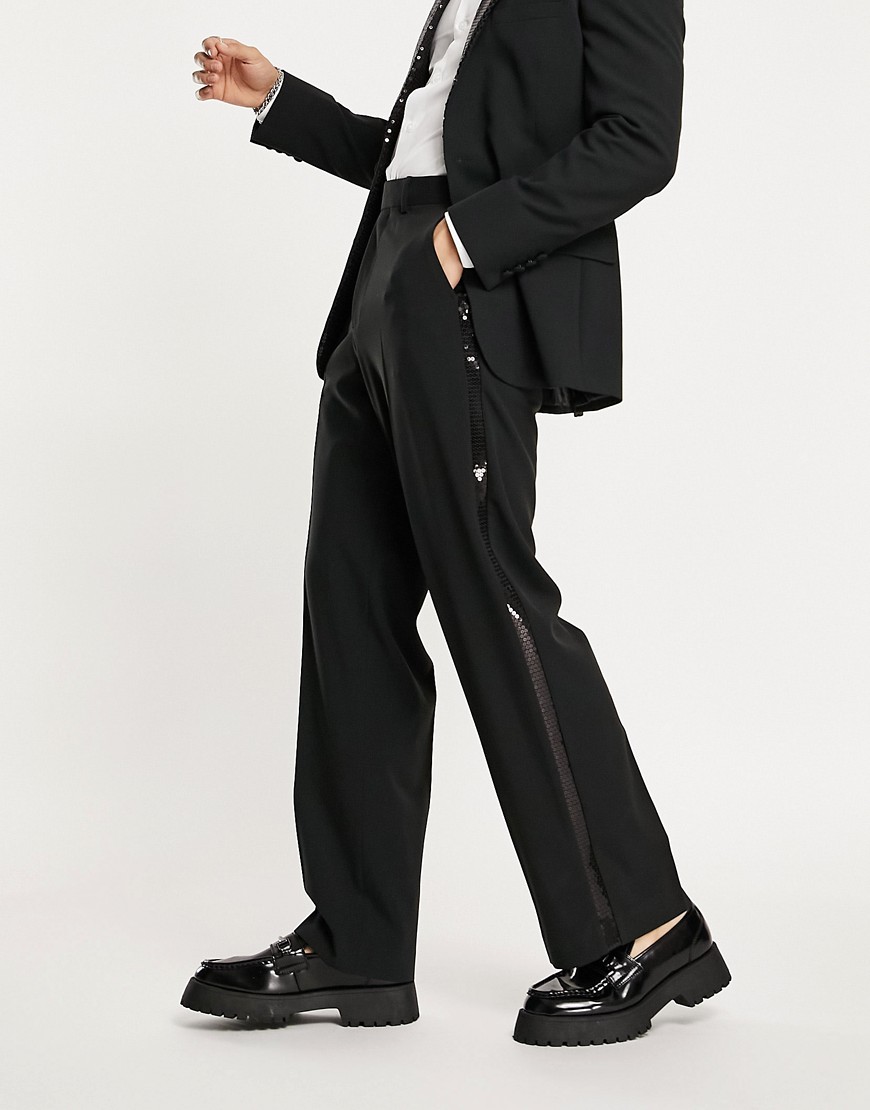 ASOS DESIGN wide leg tuxedo pants in black with side stripe