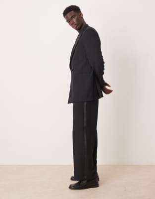 ASOS DESIGN wide leg tuxedo suit pants in black texture