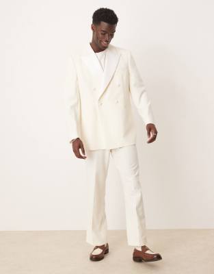 wide leg tuxedo suit pants in cream texture-White