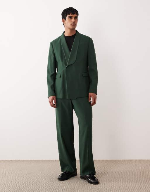 ASOS DESIGN wide leg tuxedo suit trousers in dark green, 2 of 5