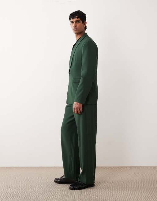 ASOS DESIGN wide leg tuxedo suit trousers in dark green, 3 of 5