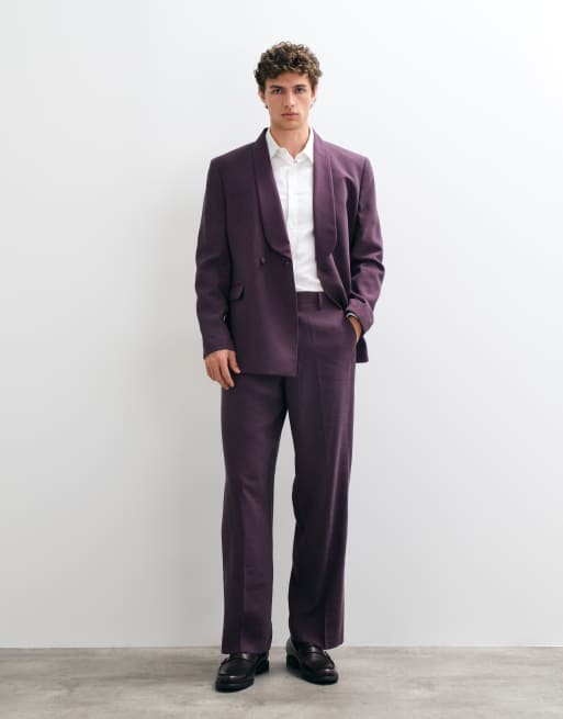 ASOS DESIGN Double Breasted Wrap Regular Fit Suit Jacket & Wide Leg Tuxedo Suit Trousers in Dark Purple, 2 of 3