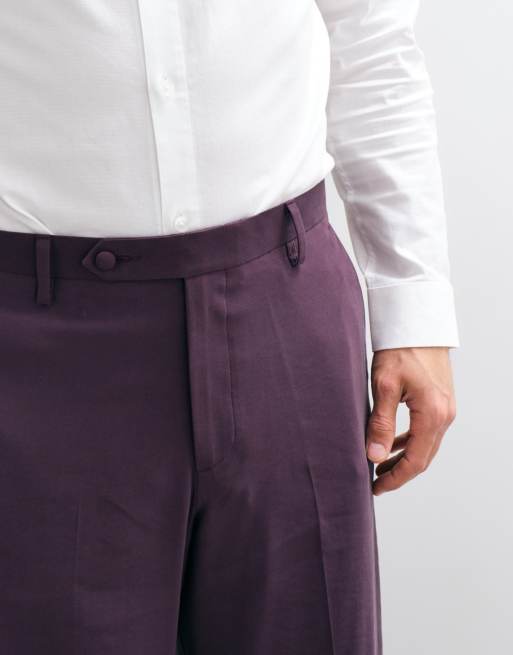 ASOS DESIGN wide leg tuxedo suit trousers in dark purple, 2 of 5
