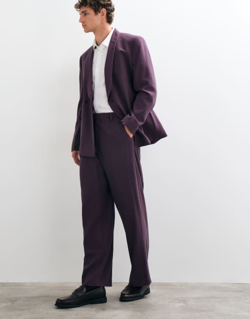 ASOS DESIGN wide leg tuxedo suit trousers in dark purple, 3 of 5