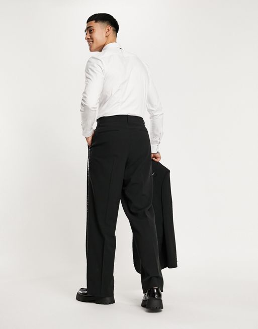 Plain Black Exude Prowess Striped Wide Leg Trousers, Formal Wear