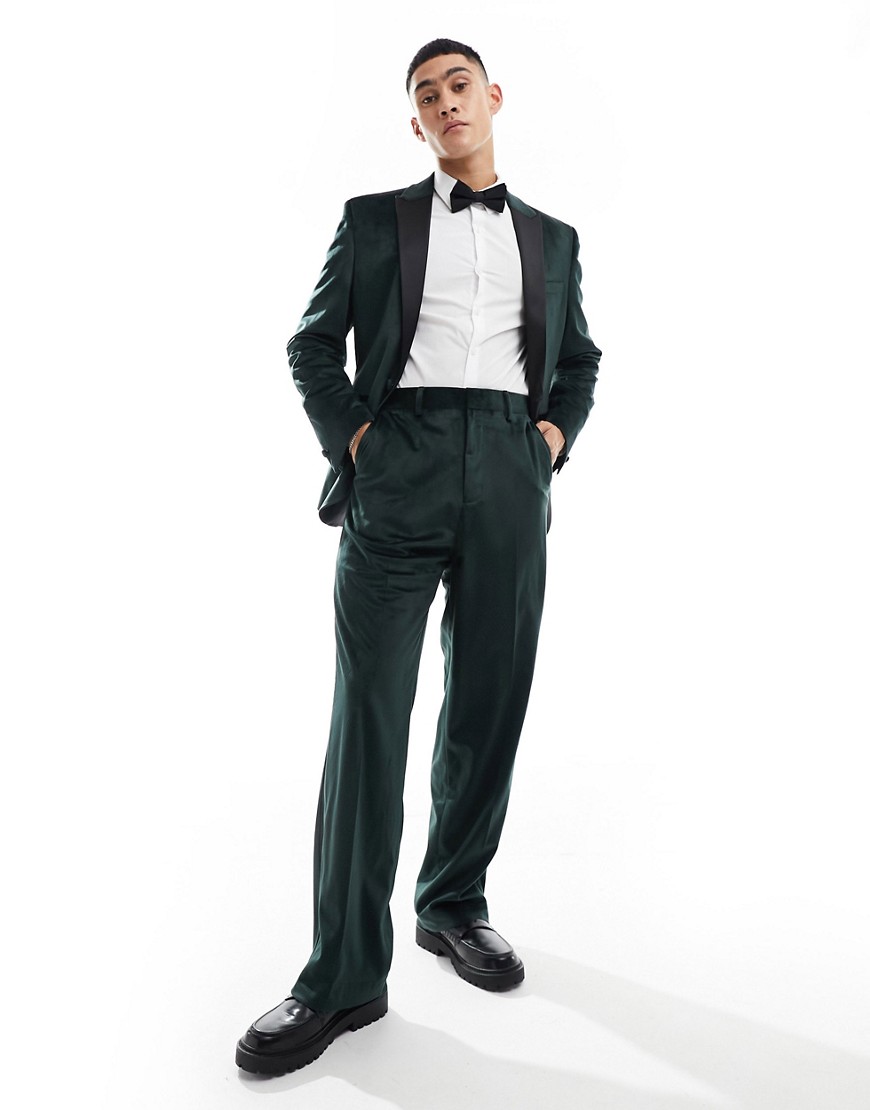 Asos Design Wide Leg Velvet Tuxedo Suit Pants In Green