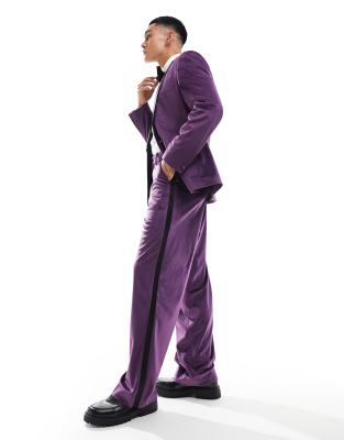 Asos Design Wide Leg Velvet Tuxedo Suit Pants In Purple In Purple