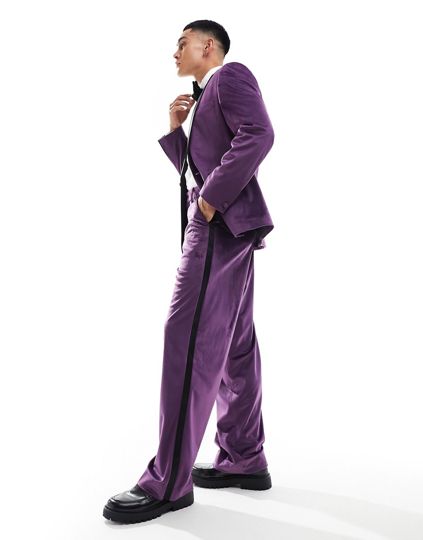Asos Design Wide Leg Velvet Tuxedo Suit Pants In Purple