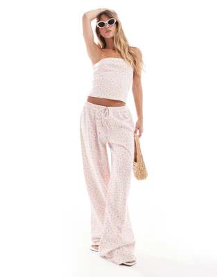 wide leg waffle knit pants in pink floral print - part of a set-Multi