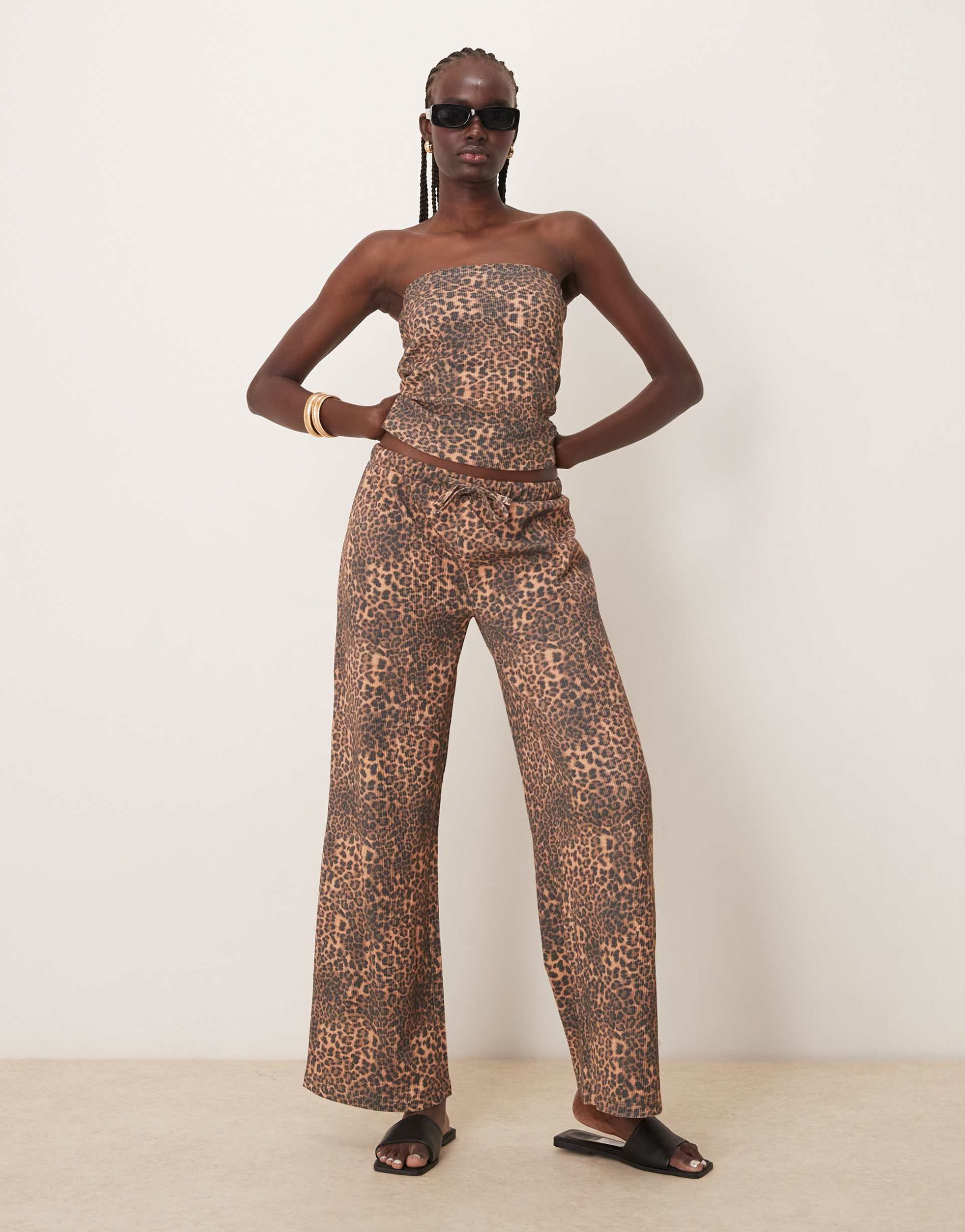 asos design wide leg waffle pants in leopard print - part of a set