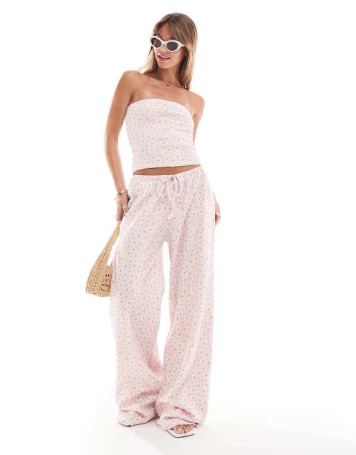 ASOS DESIGN wide leg waffle trouser and bandeau co-ord in pink floral print - MULTI