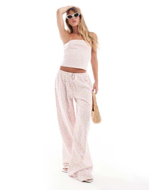 ASOS DESIGN wide leg waffle trouser co-ord in pink floral print - view 1