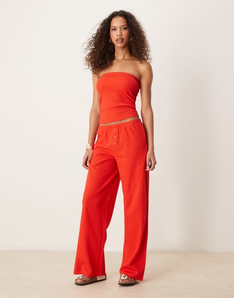 ASOS DESIGN wide leg waffle trouser in red
