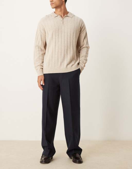ASOS DESIGN wide leg wool blend dress pants in navy pinstripe, 3 of 5