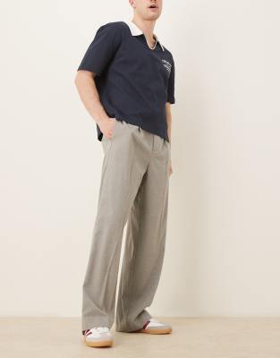 Asos Design Wide Leg Wool Look Dress Pants With Front Pleats And Elastic Waist In Gray