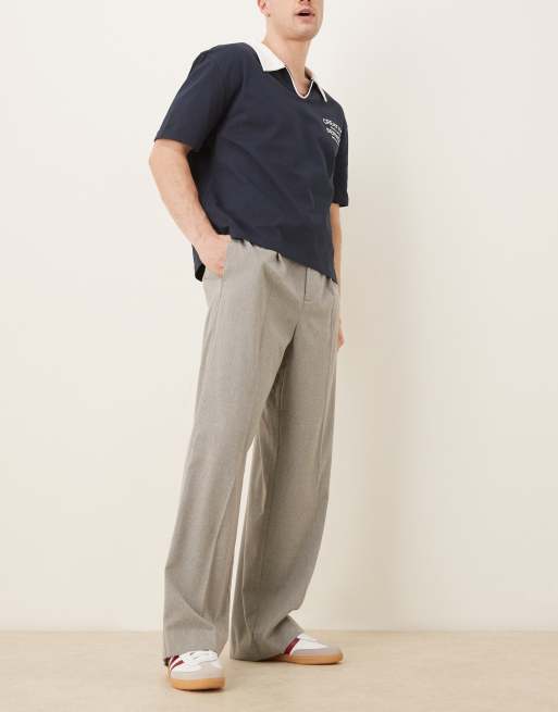 ASOS DESIGN wide leg wool look dress pants with front pleats and elastic waist in light gray