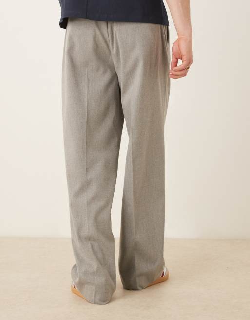 ASOS DESIGN wide leg wool look dress pants with front pleats and elastic waist in light gray