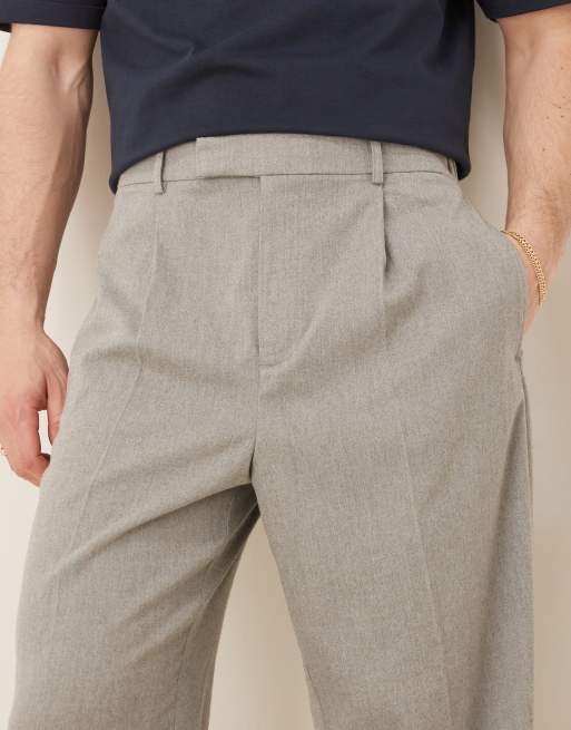 ASOS DESIGN wide leg wool look dress pants with front pleats and elastic waist in light gray