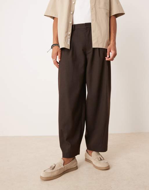 ASOS DESIGN wide leg wool mix dress pants in brown herringbone