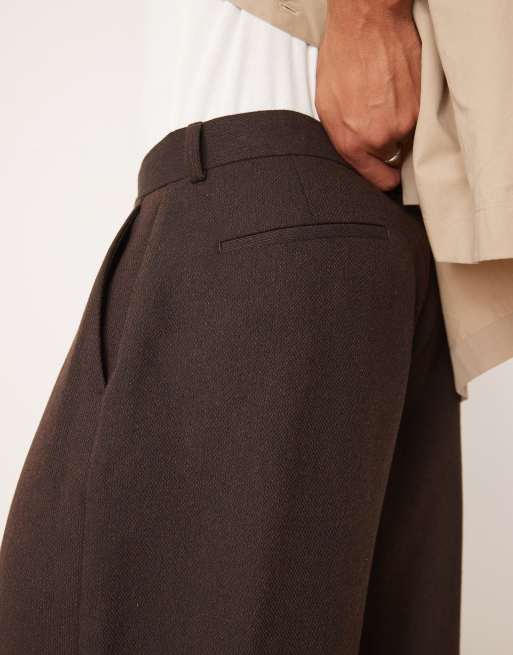 ASOS DESIGN wide leg wool mix dress pants in brown herringbone
