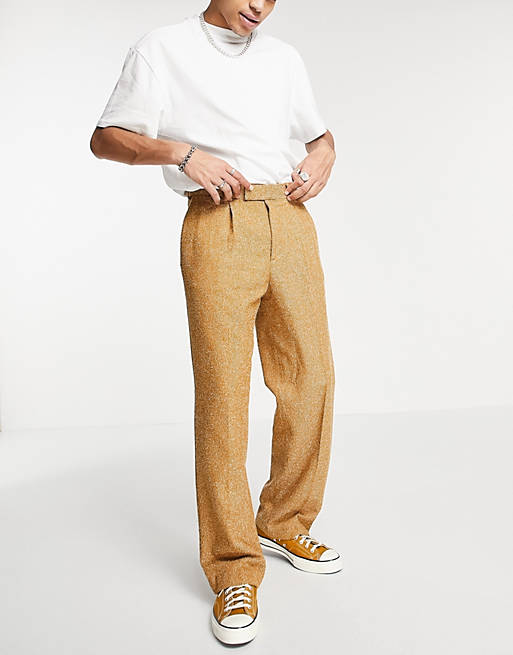 Men wide leg wool mix trouser in yellow herringbone 