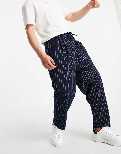 ASOS DESIGN wide-legged pants with pleats in navy pin stripe
