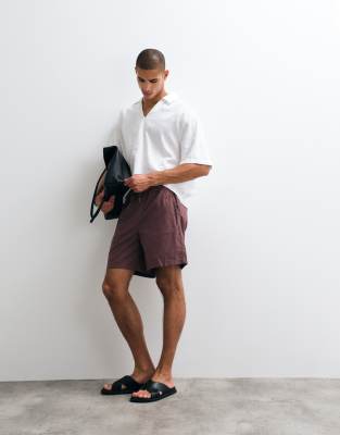 Asos Design Wide Linen Blend Shorts In Brown