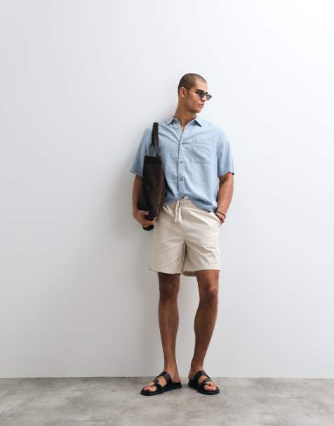 ASOS DESIGN wide linen blend shorts in mid length in stone
