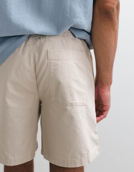 ASOS DESIGN wide linen blend shorts in mid length in stone, 5 of 5