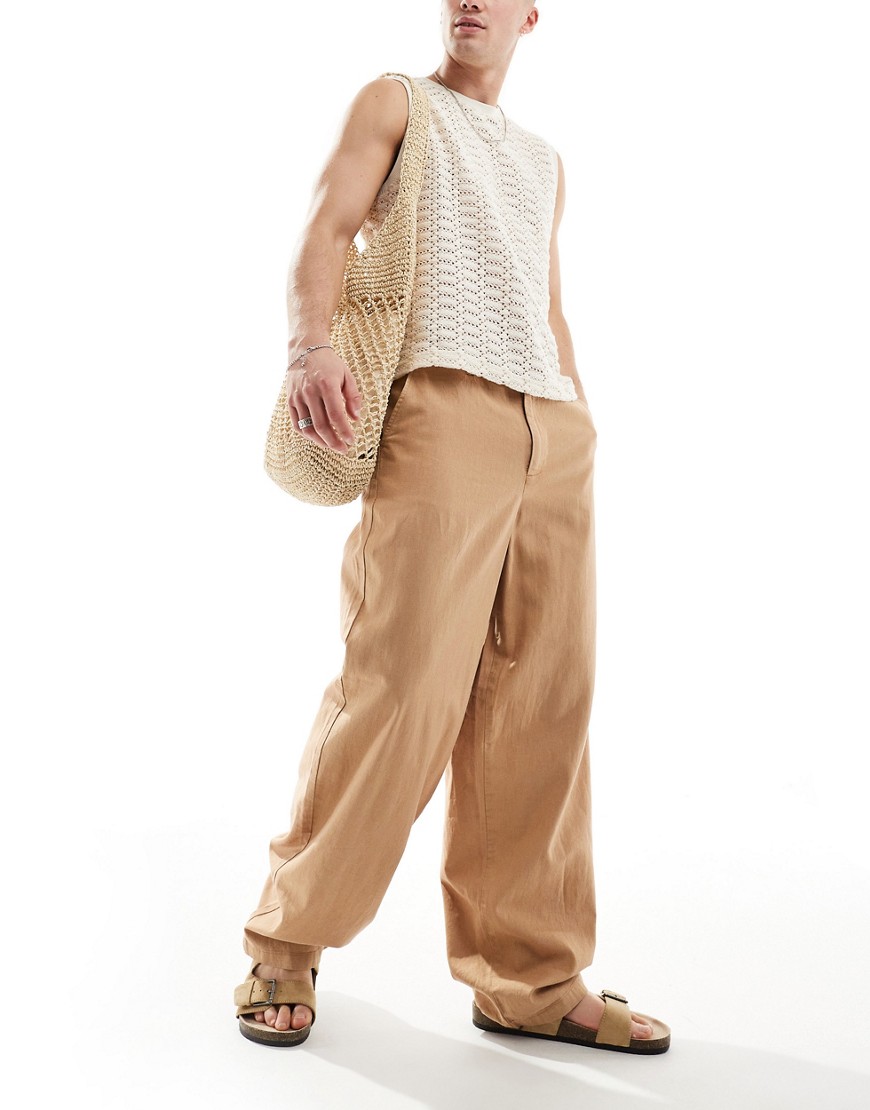 ASOS DESIGN wide linen chino trousers in brown