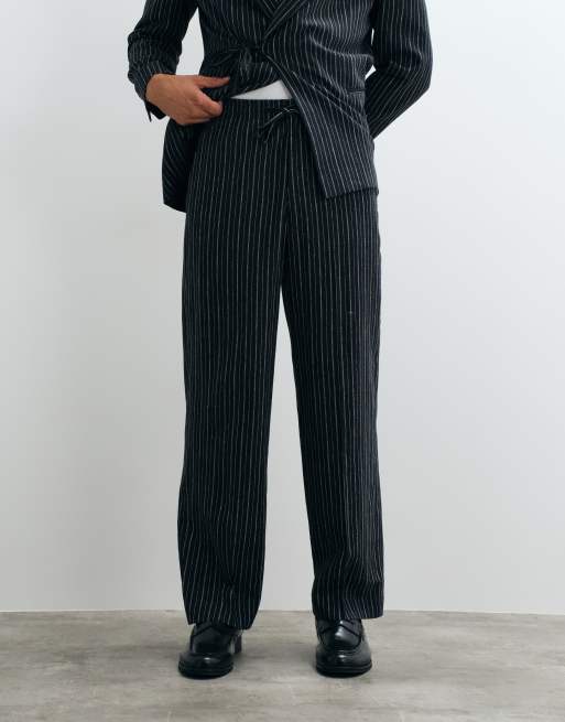 ASOS DESIGN wide linen rich suit pants with elastic waist in navy pinstripe, 2 of 5